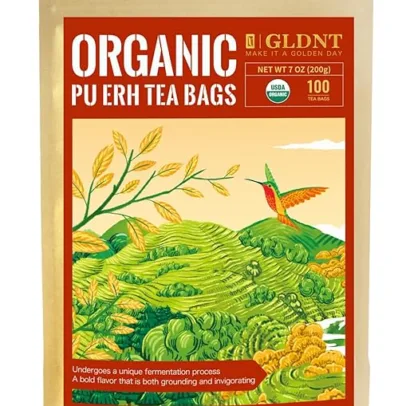 GLDNT Organic Pu-erh Tea Bags, Fermented Yunnan Dark Tea, Bold & Mellow Flavor, Caffeinated, 100 Count