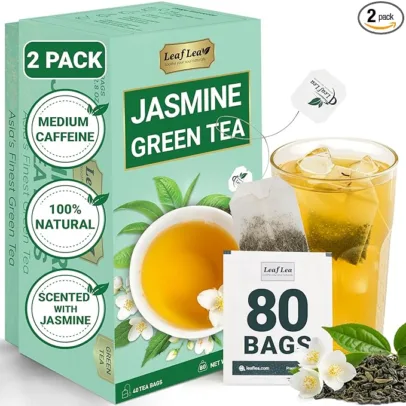 LeafLea 80 Jasmine Green Tea Bags, Green Tea with Natural Jasmine Aroma, Light Focus & Daily Balance, Delicate Floral and Smooth Taste, Caffeinated, Sugar-Free, Non-GMO, Vegan, Individually Wrapped